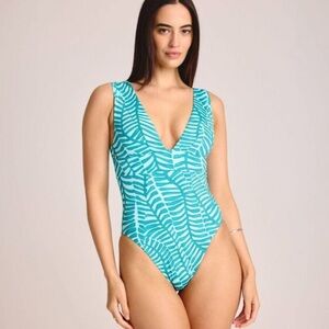 Vitamin A Turquoise Leaf-Print V-Neck One-Piece Swimsuit